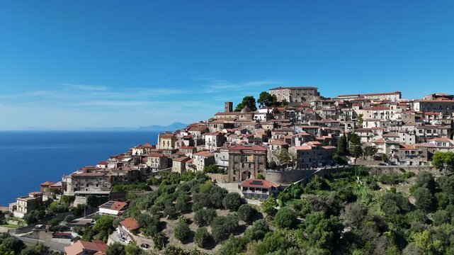 Panoramic view of Castellabate with the sea in the background. Cilento, Campania, southern Italy.