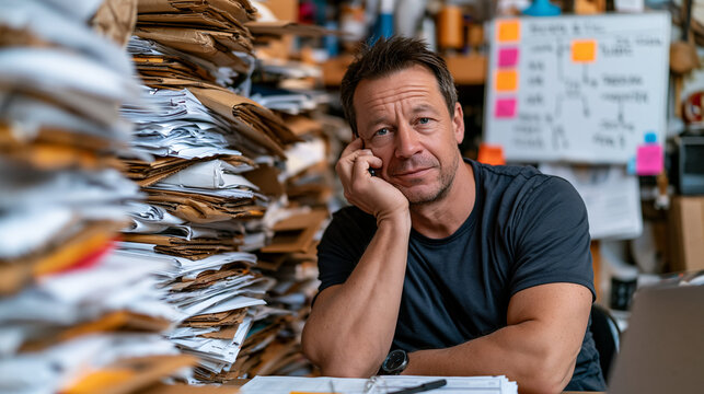 overwhelmed startup founder surrounded by towering stacks of unfulfilled customer orders in cramped garage workshop, phone pressed to ear negotiating supplier terms, whiteboard showing scaling bottl