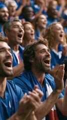 Fototapeta premium Closeup of diverse French football fans in blue jerseys singing and clapping joyfully in stadium stands reflecting the cultural passion for the beautiful game.