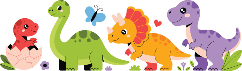 “Playful cartoon dinosaurs including hatching baby, Brachiosaurus, Triceratops, and Tyrannosaurus rex with plants, butterfly, and heart” © Yesrath Hasan Sobuj