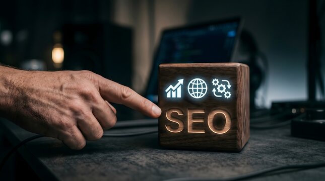 Man's finger pointing at glowing SEO cube with icons