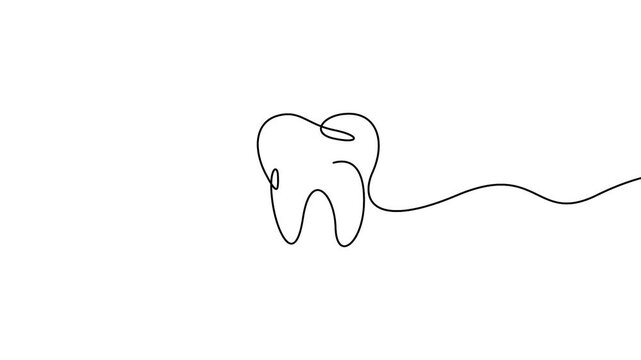 Tooth continuous line drawing animation for dental care and medical branding concepts. Minimal line art animation of a healthy tooth silhouette isolated on a white background.