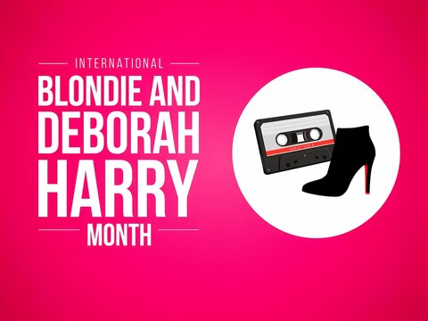 International blondie and deborah harry month poster design with cassette tape and high heel shoe illustration