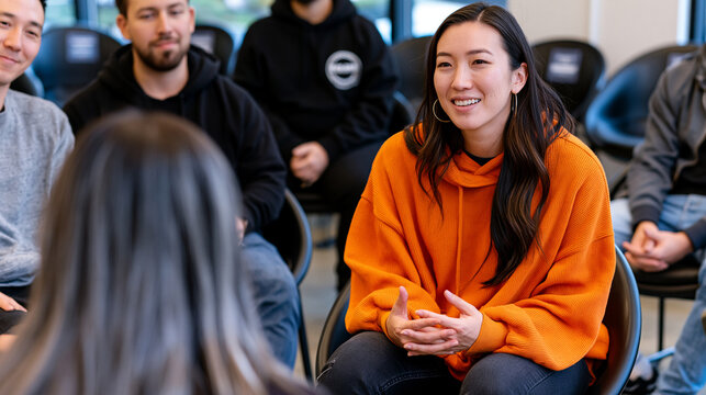 startup mental health advocate leading peer support session for founders in circular seating arrangement, resource cards on chairs, candid conversation replacing performance, vulnerability and profe