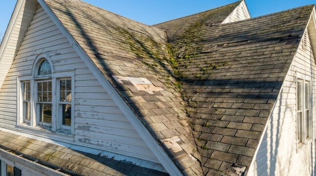 Dilapidated house roof with damaged shingles moss growth and weathered paint on old wooden window frame structure.