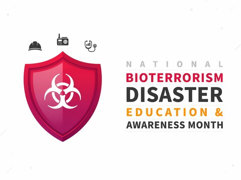 National bioterrorism disaster education and awareness month banner with biohazard shield and related icons isolated on white background
