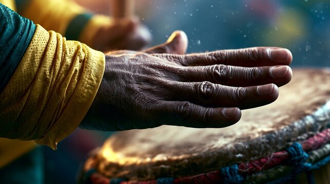 Focused view of a Brazil fans hand beating a traditional samba drum with intensity yellow jersey sleeve rolled up evoking the passion and musical heartbeat of soccer fan culture.