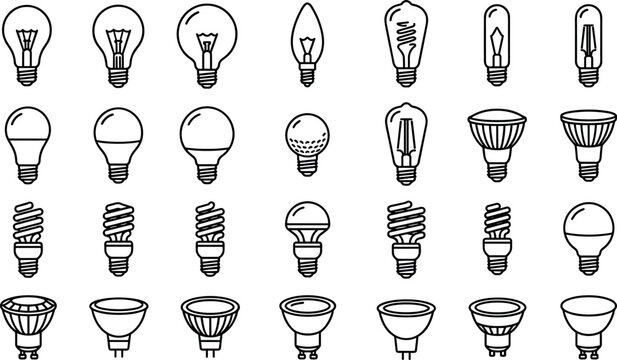 Light bulb line icon set vector illustration featuring incandescent halogen fluorescent led filament and edison lamps