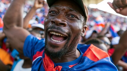 Obraz premium Closeup of a jubilant Haiti soccer supporter wearing the blue team jersey celebrating a goal with a triumphant raised fist in a crowded stadium.