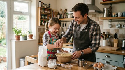 Fototapeta premium Father and daughter baking together in domestic kitchen. Man and child preparing food dough. Happy family bonding at home during Father Day. Culinary hobby for parent and young girl.