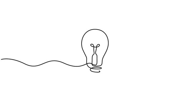 Light bulb animation in continuous line drawing style for creative idea concepts. Minimalist single line art animation of an idea light bulb on a white background.