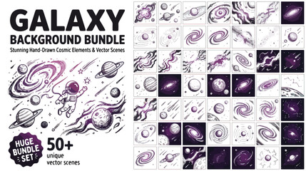 Set of 50+ Hand-Drawn Cosmic Galaxy Vector Elements and Scenes © munawwar bibi