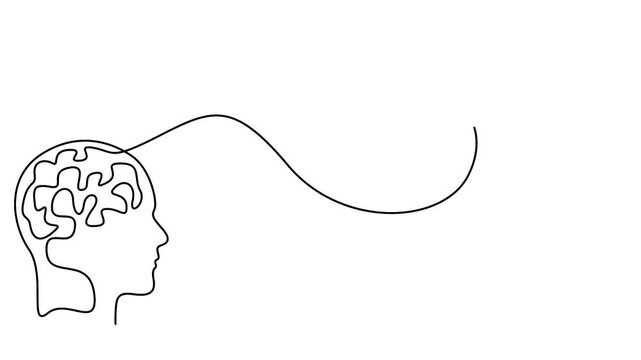 Human brain animation creating a paper airplane for creativity and innovation concepts. Minimalist single line drawing animation of human head, brain, and flying paper plane.