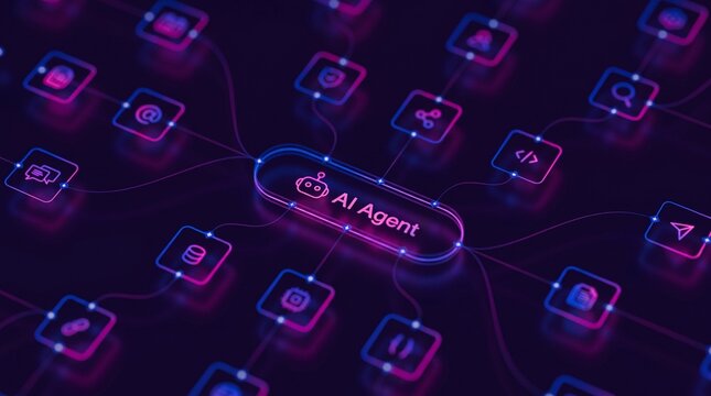AI agentic workflow automation artificial intelligence agent software interface nodes triggers data tool dashboard coding icon flow process database technology 3d rendering