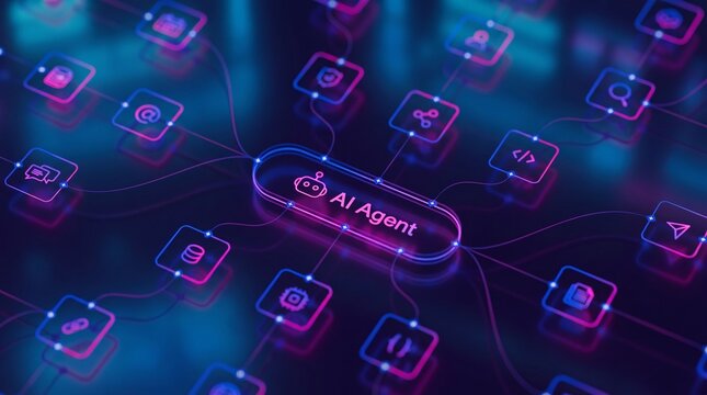 AI agentic workflow automation artificial intelligence agent software interface nodes triggers data tool dashboard coding icon flow process database technology 3d rendering
