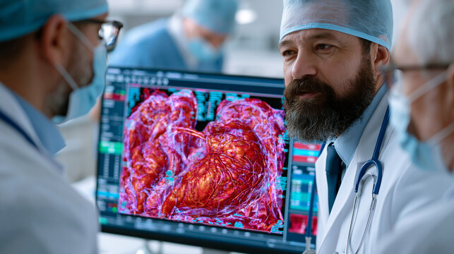 Transplant surgeon team reviewing xenotransplantation pig organ viability assessment data before groundbreaking genetically modified kidney procedure, surgical specialists examining three dimensiona