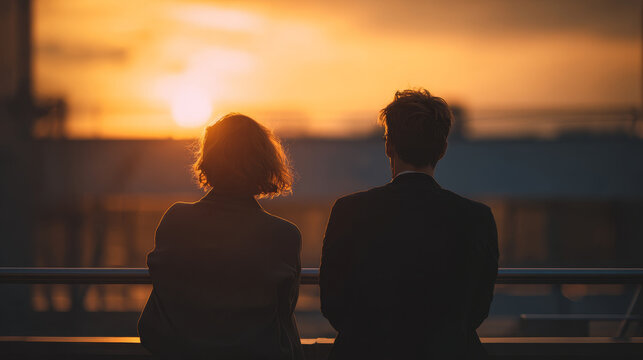 Two people stand side by side, gazing at a breathtaking sunset from an urban balcony. The warm golden light creates a tranquil and reflective atmosphere in the city evening