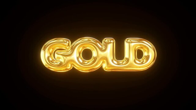 Zoom in shot of shiny 3D GOLD word in golden metallic texture glowing and fading on black background