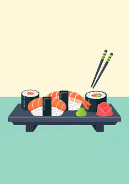 Flat vector illustration of a sushi platter with shrimp nigiri, maki rolls, wasabi, and pickled ginger on a dark wooden board with chopsticks and a two-tone background.