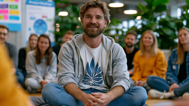 community building session where startup founder sits cross-legged on floor with early user group in loft space, product roadmap poster on wall, informal intimacy creating foundation of trust that f