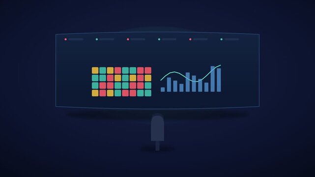 A futuristic video display with a colorful grid on a dark background in a video