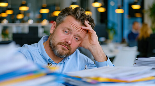 Exhausted hiring manager at cluttered recruitment desk surrounded by sparse application folders and unfilled cybersecurity analyst role postings, worried expression, talent pipeline shortage crisis 