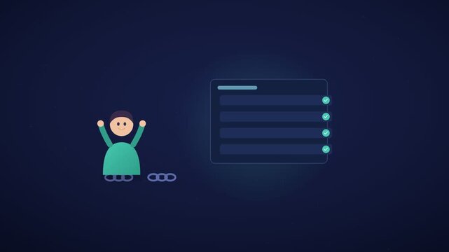 A video showcasing a cartoon character in front of a digital document on a dark background