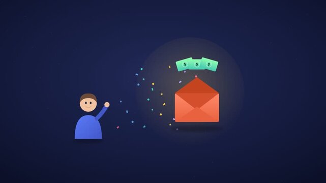 A cartoon man excitedly pointing at an illuminated orange envelope in a dark blue video.