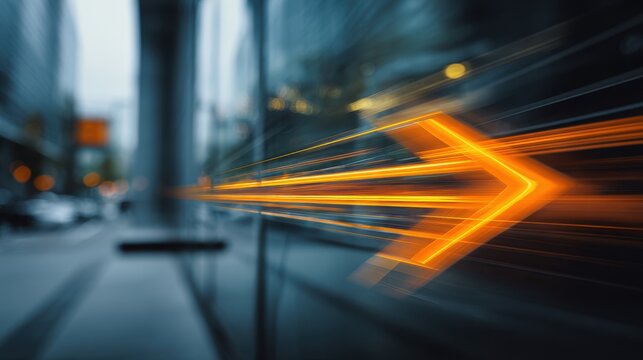 Conceptual glowing orange arrow showing direction and speed in a blurred urban street