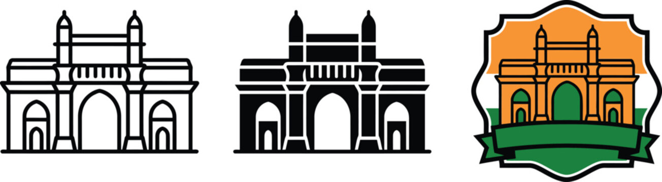 Gateway of India monument vector icons for patriotic Indian Independence Day