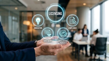 Obraz premium Business licensing concept with innovation and intellectual property icons