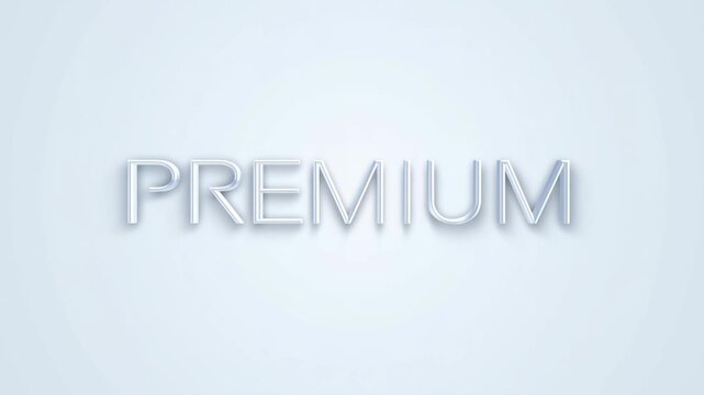 Pull back shot of elegant PREMIUM word in transparent glass 3D letters on clean light blue-white background