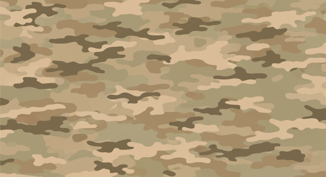 Seamless desert camouflage pattern featuring organic shapes in sandy tan, khaki, light brown, and olive drab tones. Tactical military style background suitable for hunting and outdoor gear.