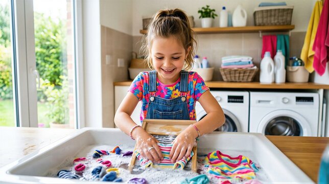 Little girl washing colorful clothes on wooden washboard in bright laundry room. Child helping with household chores. Learning responsibility, domestic life and hygiene concept.