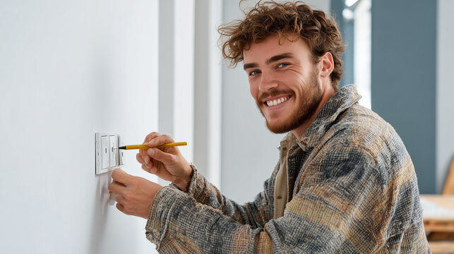 Electrician at Work: A smiling electrician meticulously installs an electrical outlet, his focus evident as he works with a screwdriver against a clean, modern wall.
