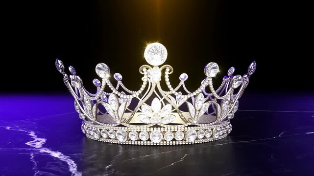 Zoom in shot of ornate diamond crown falling and landing on dark marble surface with golden light glow