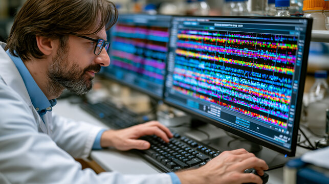 Molecular biologist interpreting gene expression analysis heatmap data displaying thousands of transcripts across patient tumor samples, RNA sequencing bioinformatician identifying master regulatory