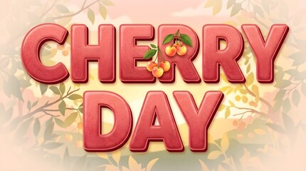 Obraz premium Cherry Day Bold Typography Design with Fruit Textured Letters and Rainier Cherry Illustration Vector Poster