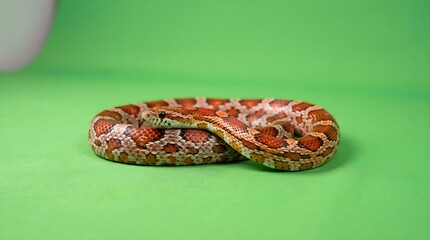 Fototapeta premium Corn snake with orange and red scales on green screen, coiled pantherophis guttatus reptile, exotic pet snake in studio setting