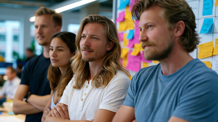 Obraz premium product team clustered in tight startup office debating feature prioritization matrix on rolling whiteboard, sticky note personas covering one wall, user interview transcripts printed and annotated,