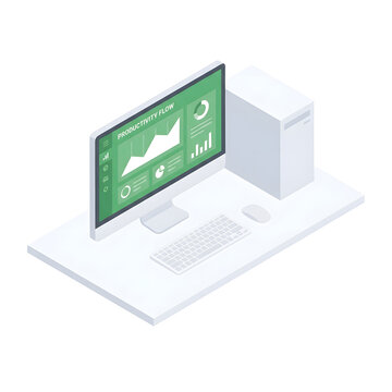 Desktop computer workspace with productivity flow data analysis on screen graphics.