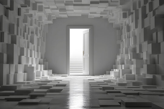 Single open doorway leads into bright space with abstract geometric patterns, evoking sense of future opportunity and unknown path