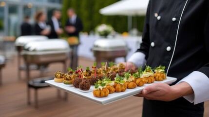 Obraz premium Chef presents a beautiful tray of appetizers at an outdoor catering event with buffet stations and a white canopy tent in the background