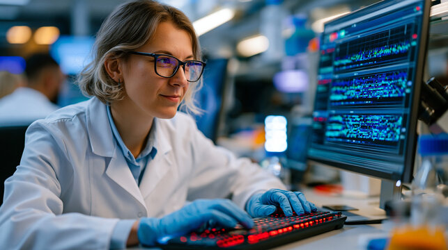 Research scientist troubleshooting CRISPR gene editing efficiency results by analyzing next generation sequencing indel data, genome engineering laboratory technician reviewing on target and off tar
