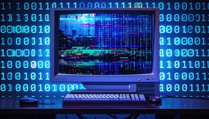 Fototapeta premium Retro computer monitor displaying glitchy code and binary data, tech concept