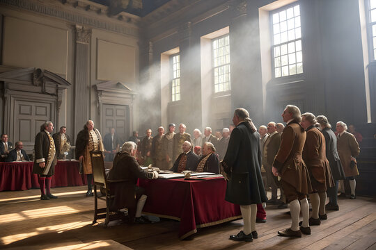 Dramatic historical scene of founding fathers signing important documents in a grand colonial hall with sunlight rays during american revolution hours