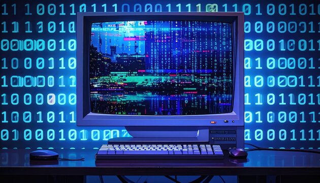 Retro computer monitor displaying glitchy code and binary data, tech concept