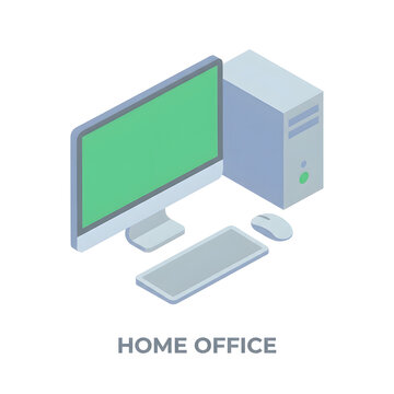 Home office computer setup with monitor keyboard and mouse on isometric view point.