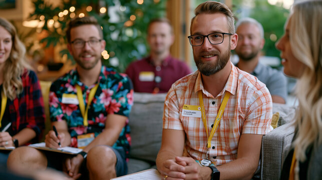 small group of passionate early adopters gathered in founder's living room, product prototypes passed between them, feedback forms being filled on clipboards, intimate community session blending use