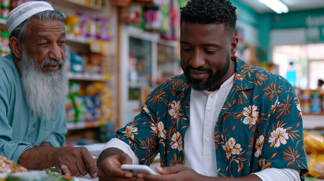 startup founder showing early prototype to neighborhood shopkeeper in vibrant corner store, unsolicited honest feedback being noted on phone, garage startup origin story written in resourceful impro